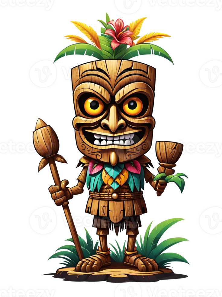 ai generiert Tiki Maske Karikatur Charakter mit Blumen und Blätter auf transparent Hintergrund png