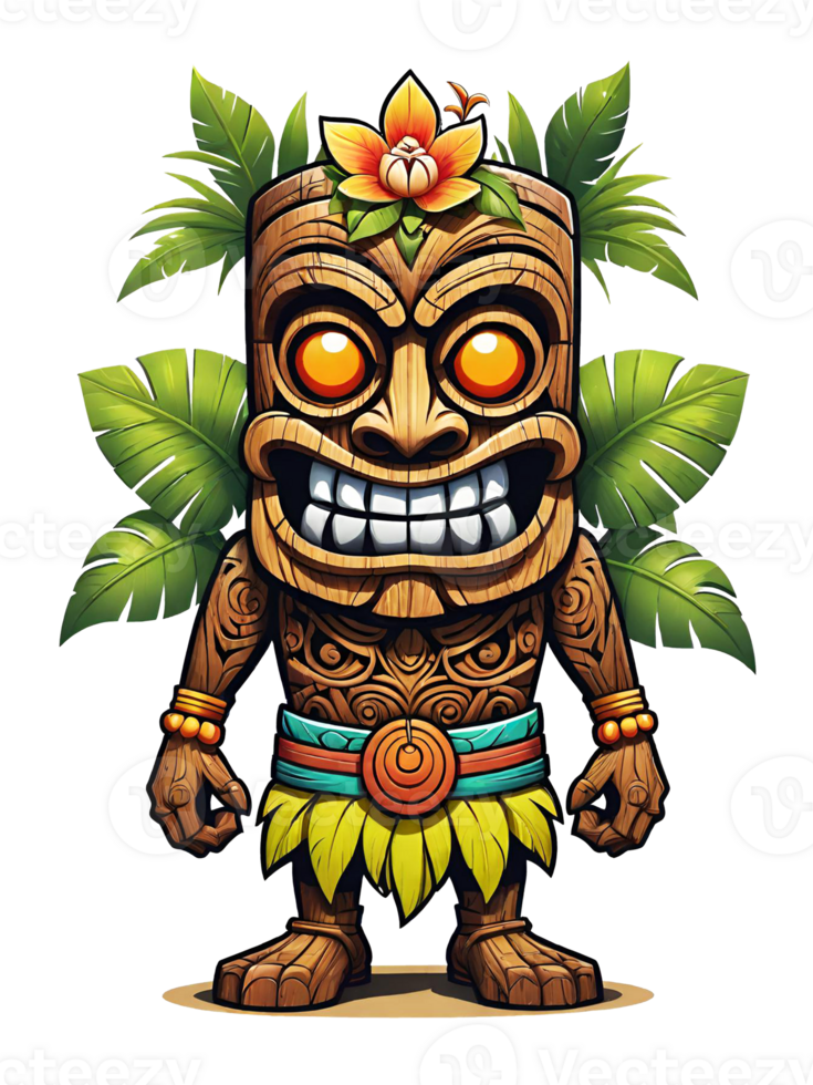 AI generated Tiki wooden tribal mascot cartoon character ethnic ornaments design on transparent background png