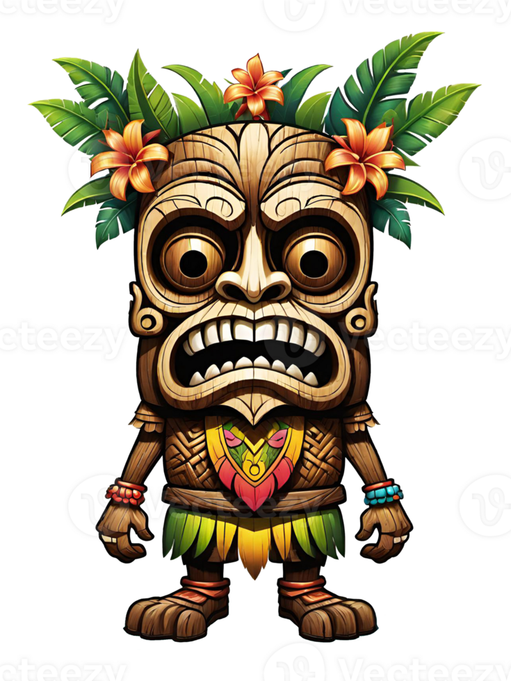 ai generado tiki de madera tribal mascota dibujos animados personaje étnico adornos diseño en transparente antecedentes png