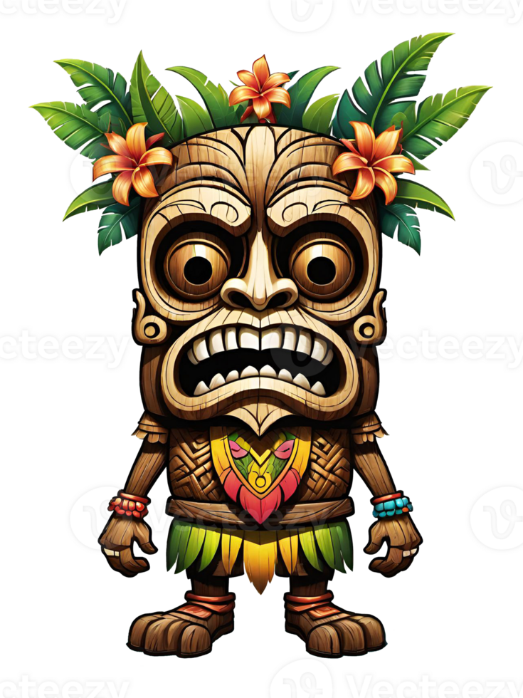 AI generated Tiki wooden tribal mascot cartoon character ethnic ornaments design on transparent background png