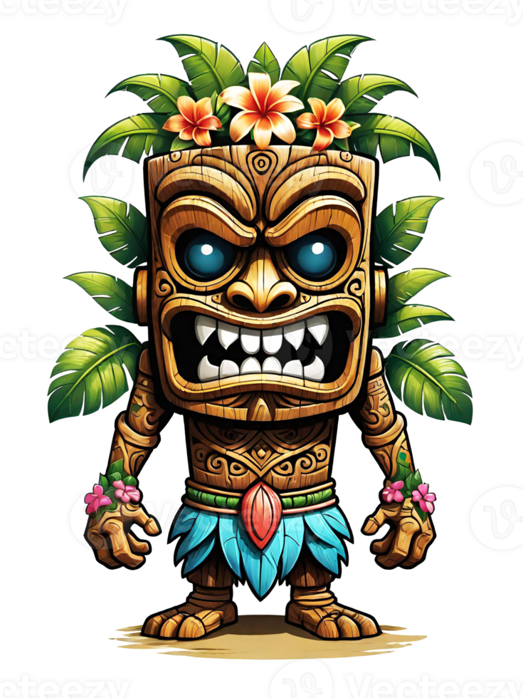 ai generiert Tiki hölzern Stammes- Maskottchen Karikatur Charakter hawaiisch Ornamente auf transparent Hintergrund Illustration png