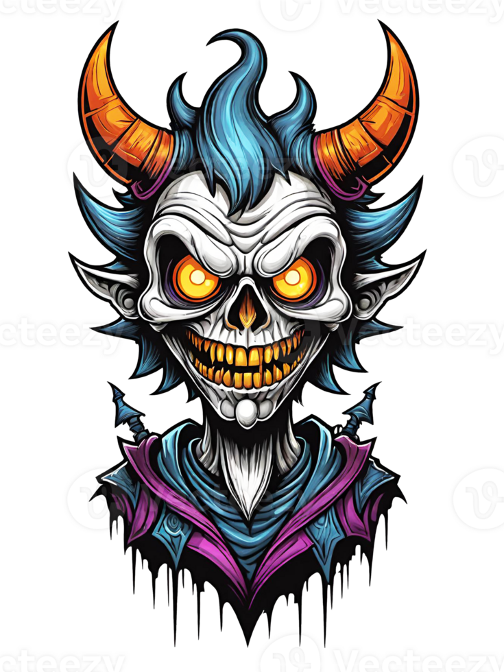 AI generated Gothic skull head with horns cartoon style illustration on transparent background png