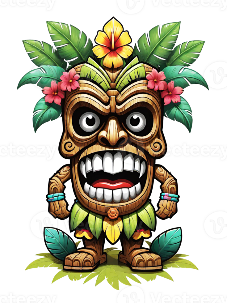 ai generado tiki máscara dibujos animados personaje con flores y hojas en transparente antecedentes png