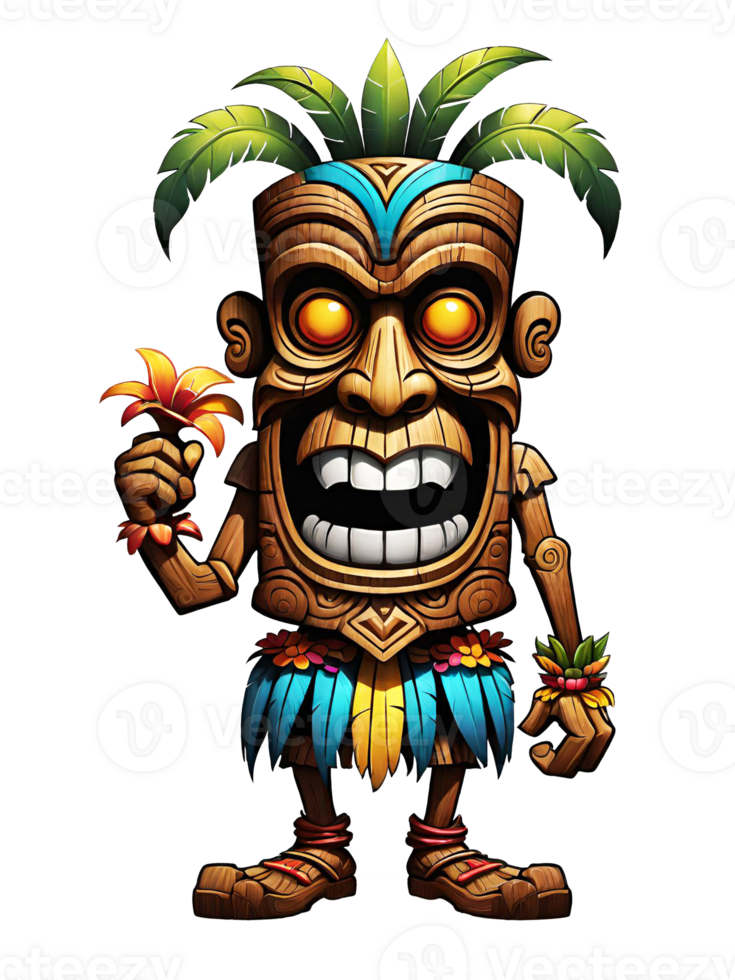AI generated Tiki wooden tribal mascot cartoon character hawaiian ornaments on transparent background illustration png