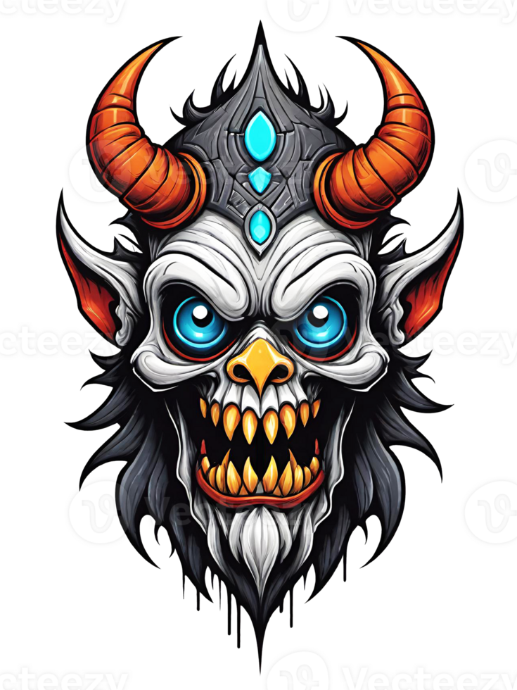 AI generated Gothic skull head with horns cartoon style illustration on transparent background png