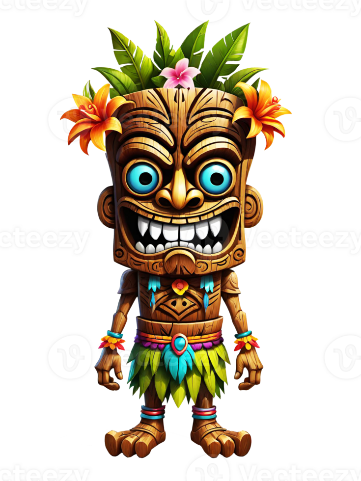 AI generated Tiki wooden tribal mascot cartoon character ethnic ornaments design on transparent background png