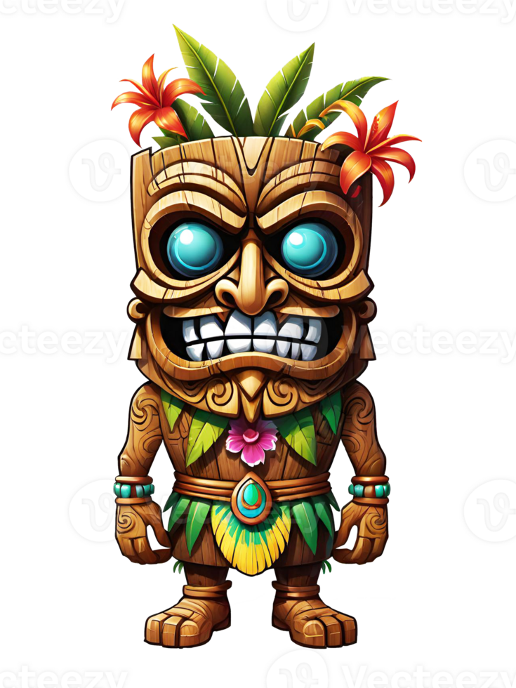 AI generated Tiki wooden tribal mascot cartoon character ethnic ornaments design on transparent background png