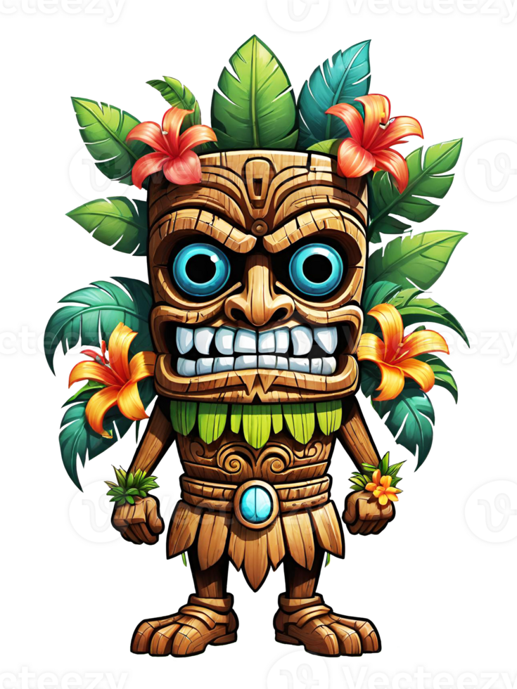 ai generado tiki máscara dibujos animados personaje con flores y hojas en transparente antecedentes png