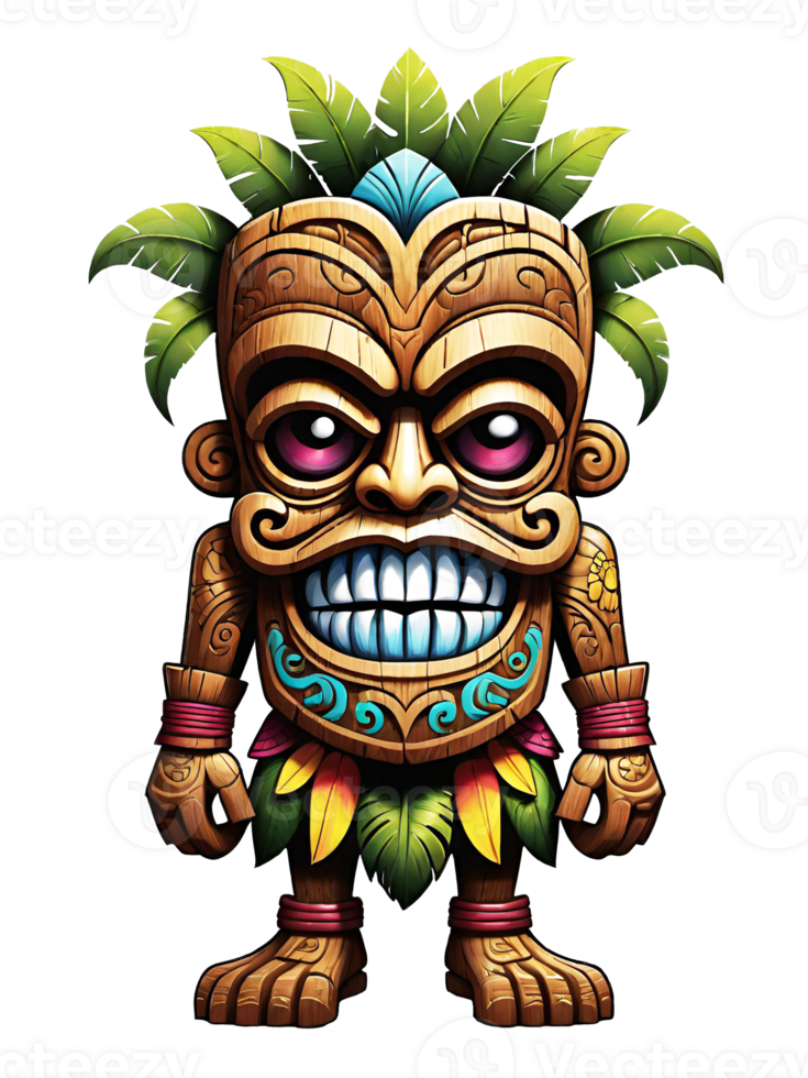 ai generiert Tiki hölzern Stammes- Maskottchen Karikatur Charakter hawaiisch Ornamente auf transparent Hintergrund Illustration png