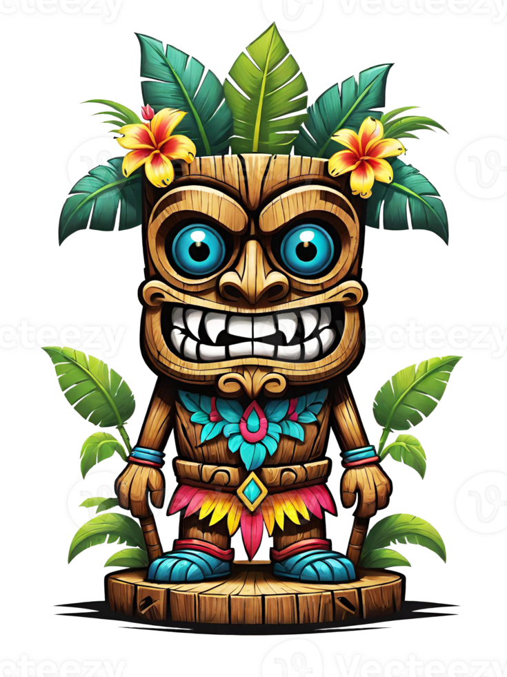 AI generated Tiki wooden tribal mascot cartoon character hawaiian ornaments on transparent background illustration png