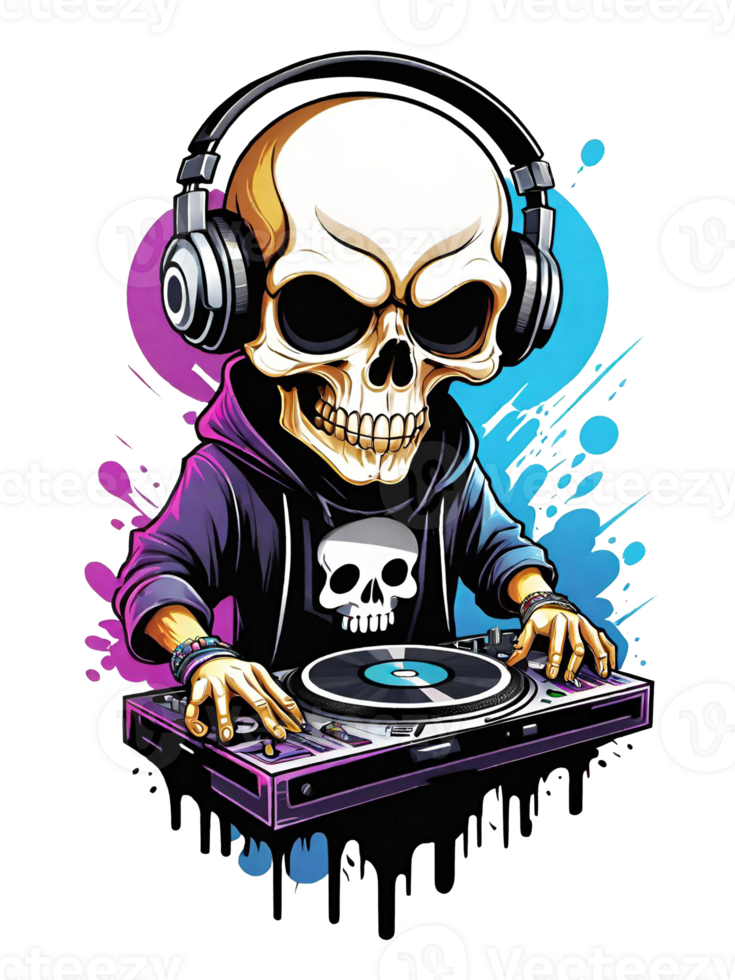 AI generated Skull DJ with headphones and turntable illustration on transparent background png