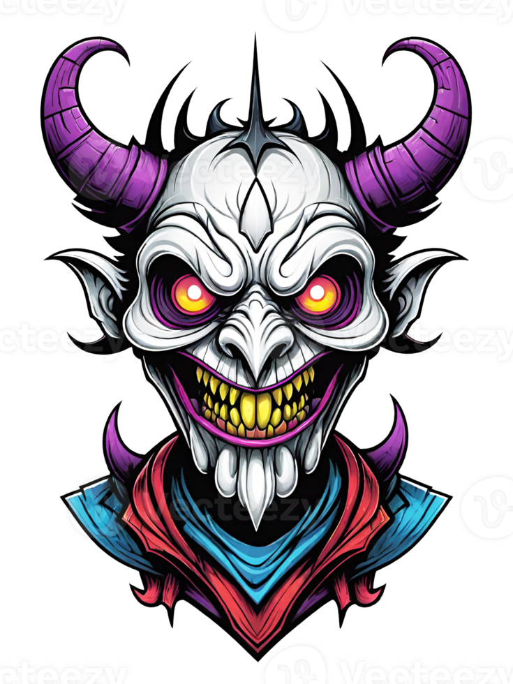 AI generated Gothic skull head with horns cartoon style illustration on transparent background png