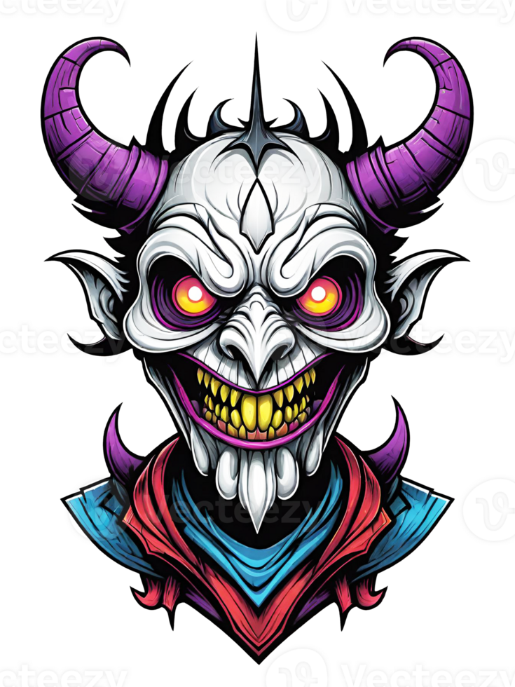 AI generated Gothic skull head with horns cartoon style illustration on transparent background png