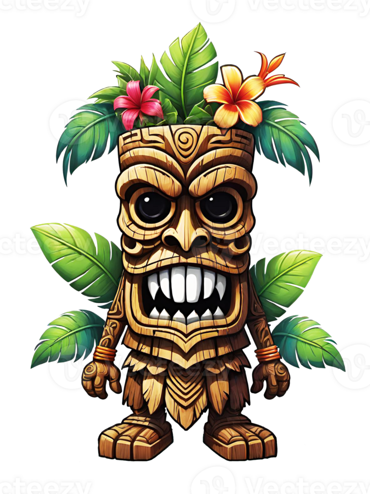 AI generated Tiki wooden tribal mascot cartoon character ethnic ornaments design on transparent background png