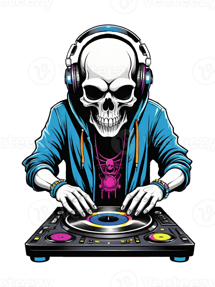 AI generated Skull DJ with headphones and turntable illustration on transparent background png