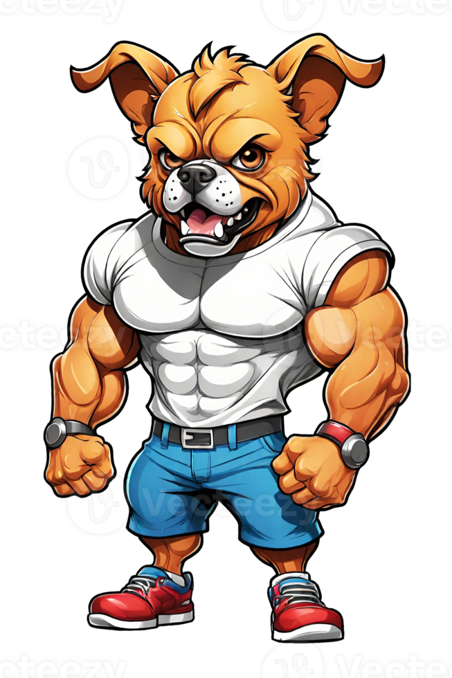 ai generiert Karikatur Illustration von ein Bulldogge im Sportbekleidung Fitness und Körper Gebäude auf transparent Hintergrund png