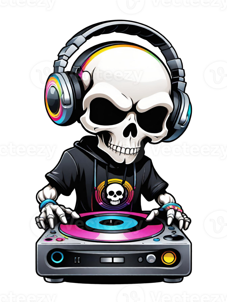 AI generated Skull DJ with headphones and turntable illustration on transparent background png