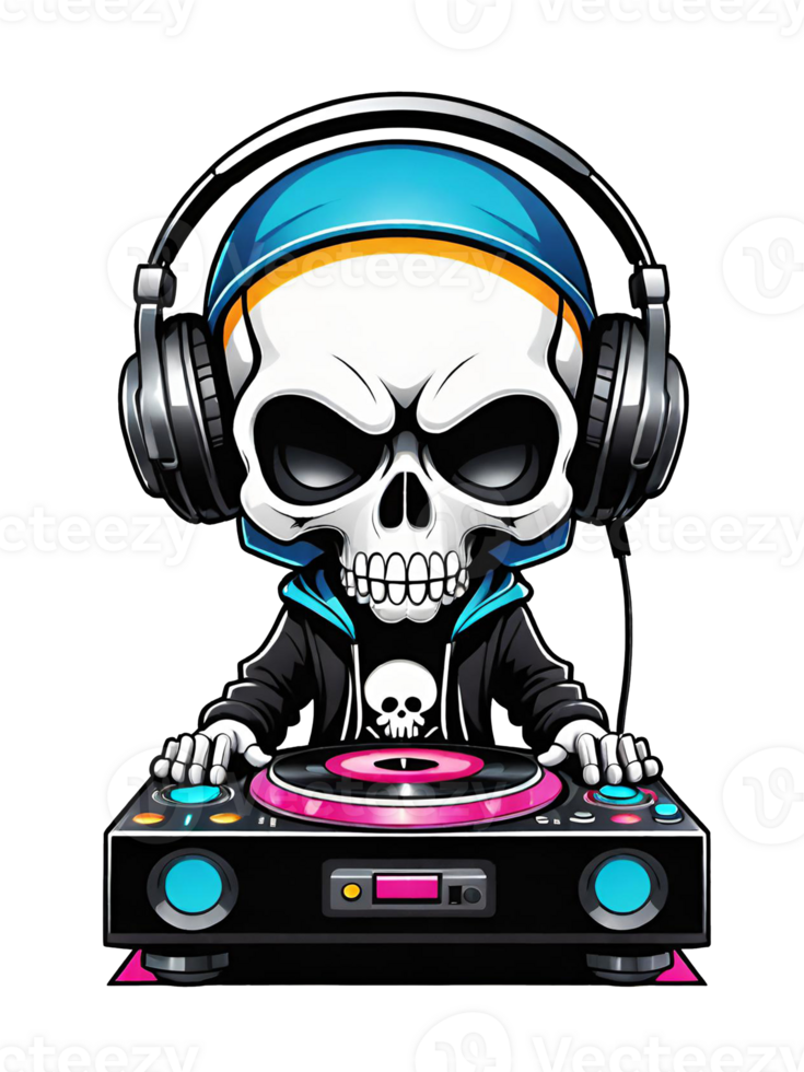 AI generated Skull DJ with headphones and turntable illustration on transparent background png