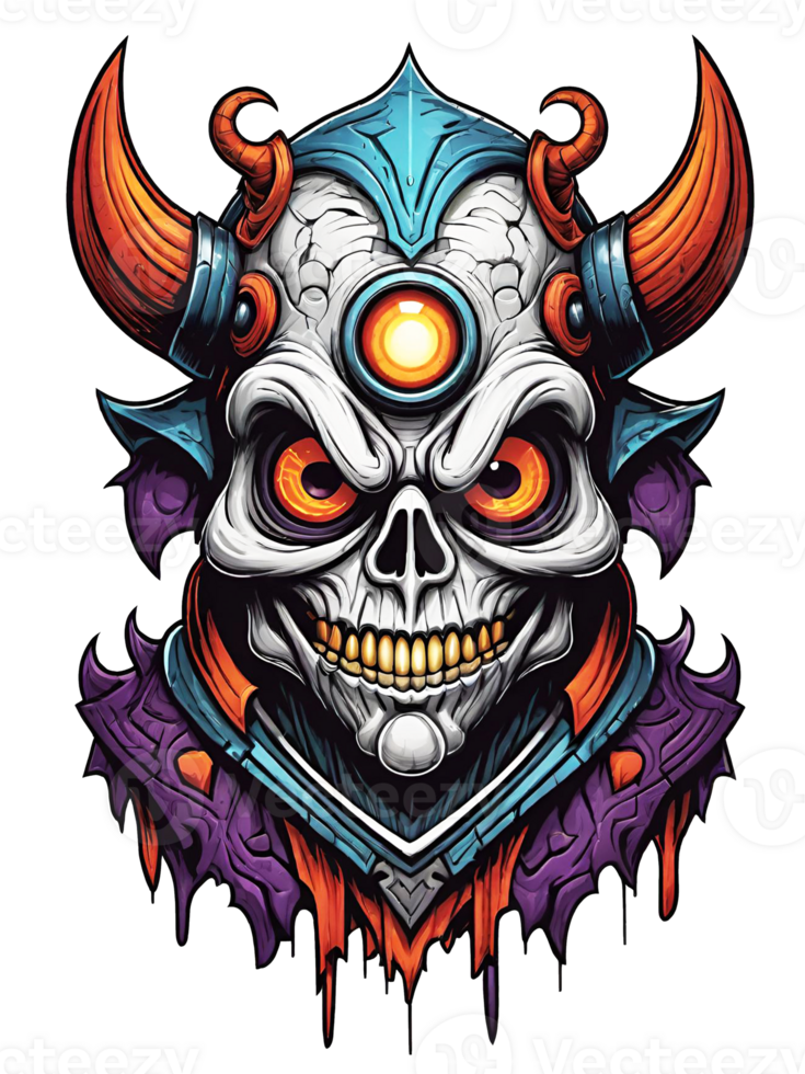 AI generated Gothic skull head with horns cartoon style illustration on transparent background png