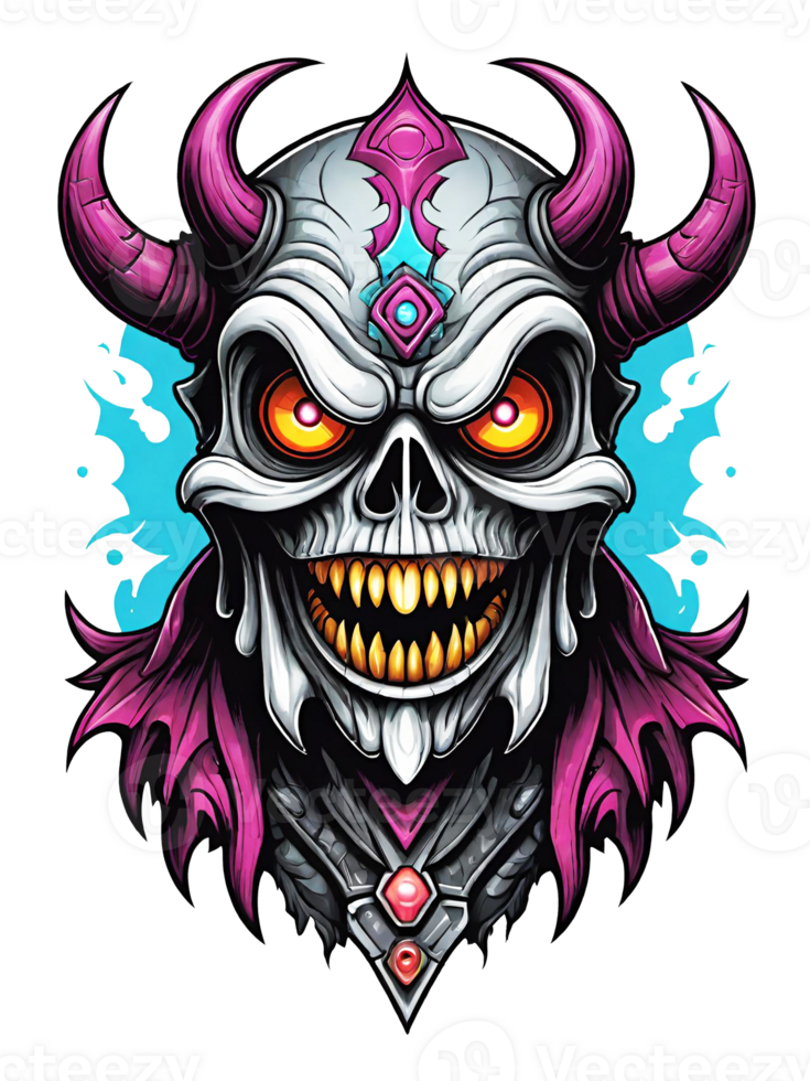 AI generated Gothic skull head with horns cartoon style illustration on transparent background png