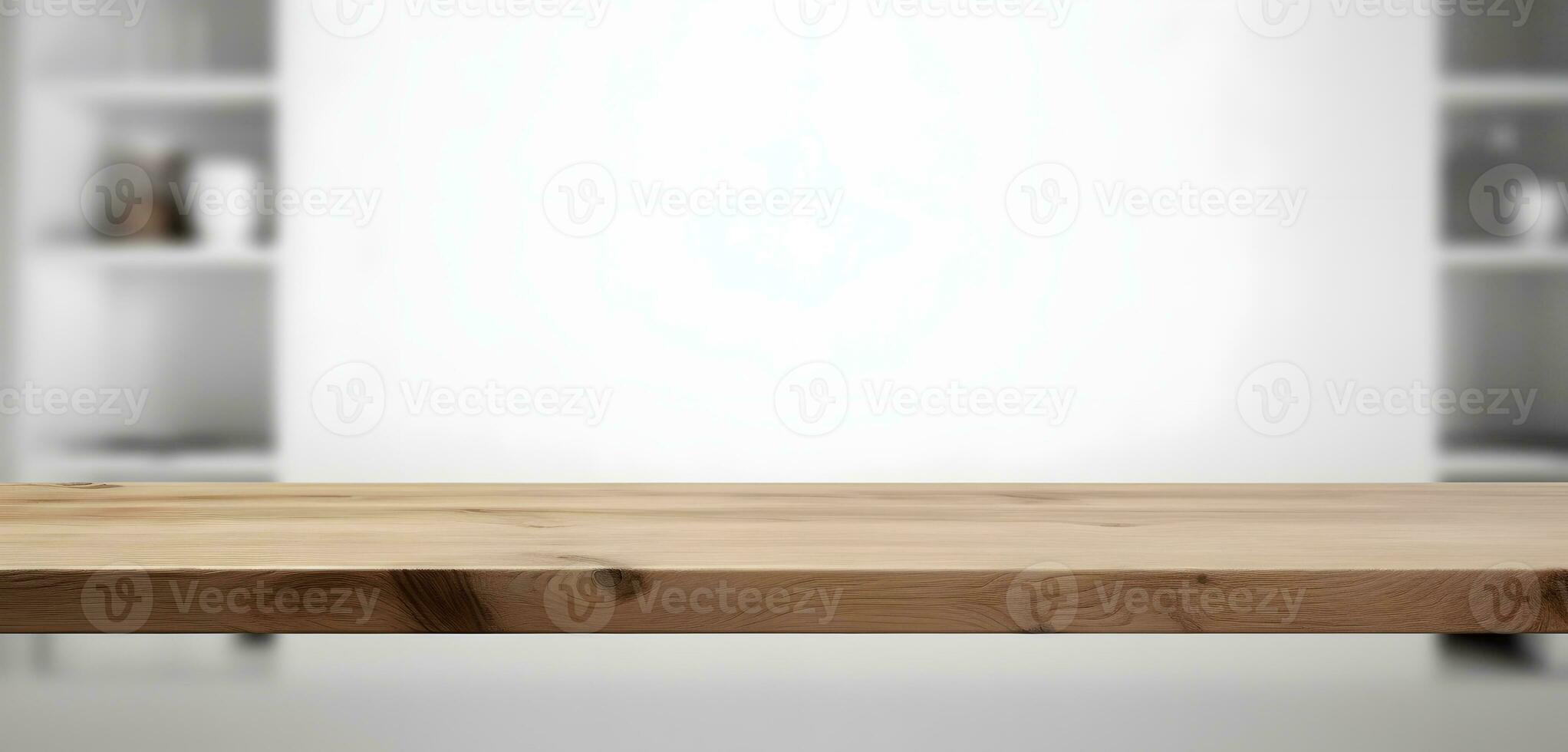 AI generated Light wood table top on blur white gray abstract background - can be used for display or montage your products photo
