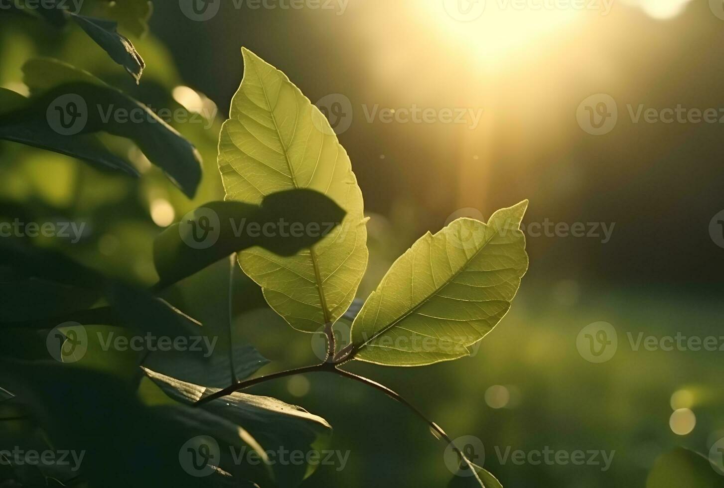 AI generated Fresh green leaf with sunlight on blurred greenery background. Natural green leaves bokeh. photo