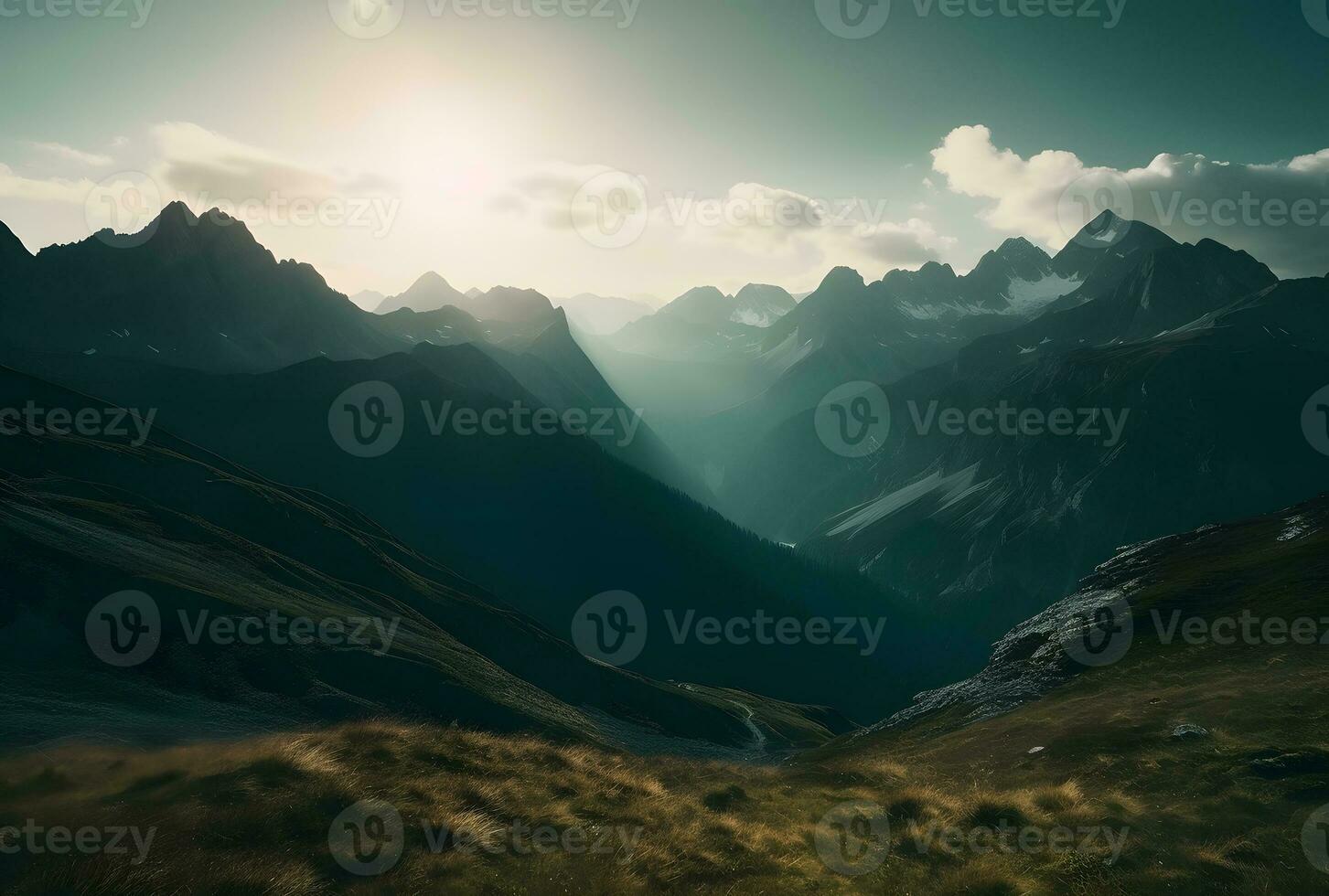 AI generated A sun shining over a mountain range under blue sky photo