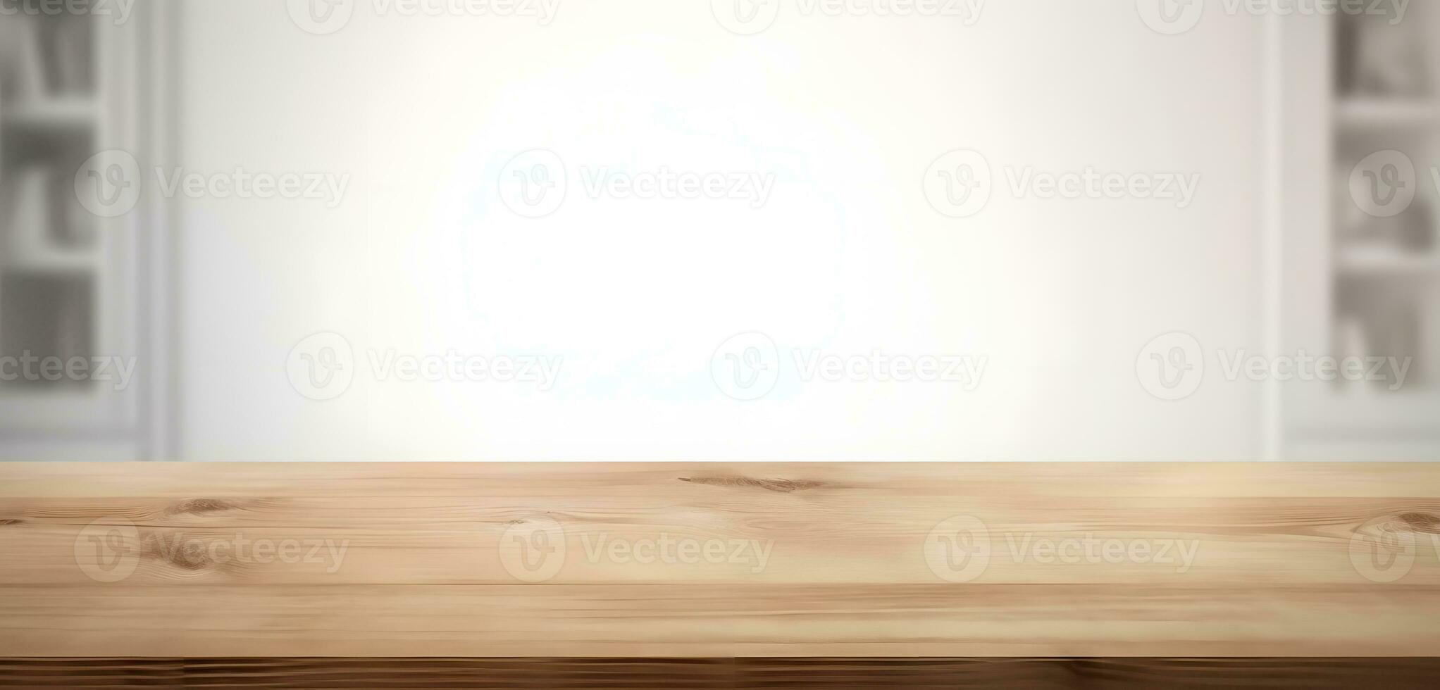 AI generated Light wood table top on blur white gray abstract background - can be used for display or montage your products photo