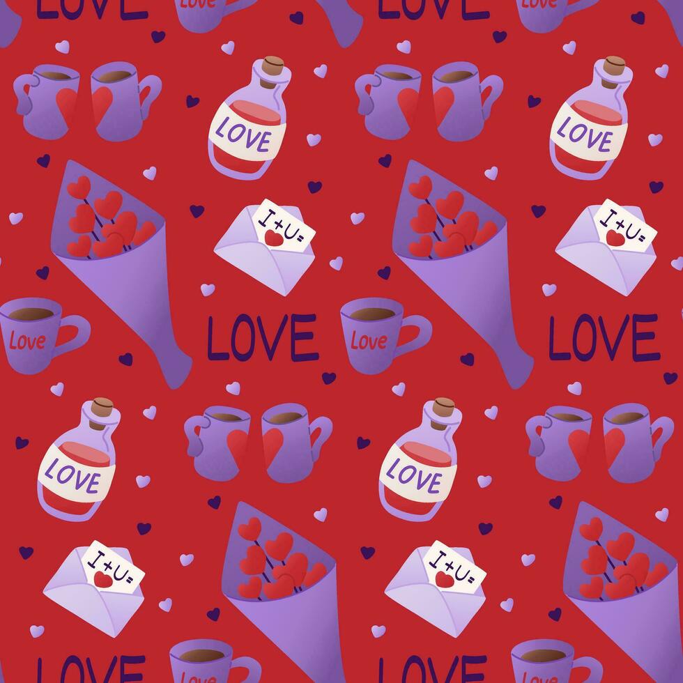 elegante regalos en san valentin día. sin costura modelo en rojo antecedentes. de moda impresión diseño para textil, envase, papel, fondo de pantalla, antecedentes vector