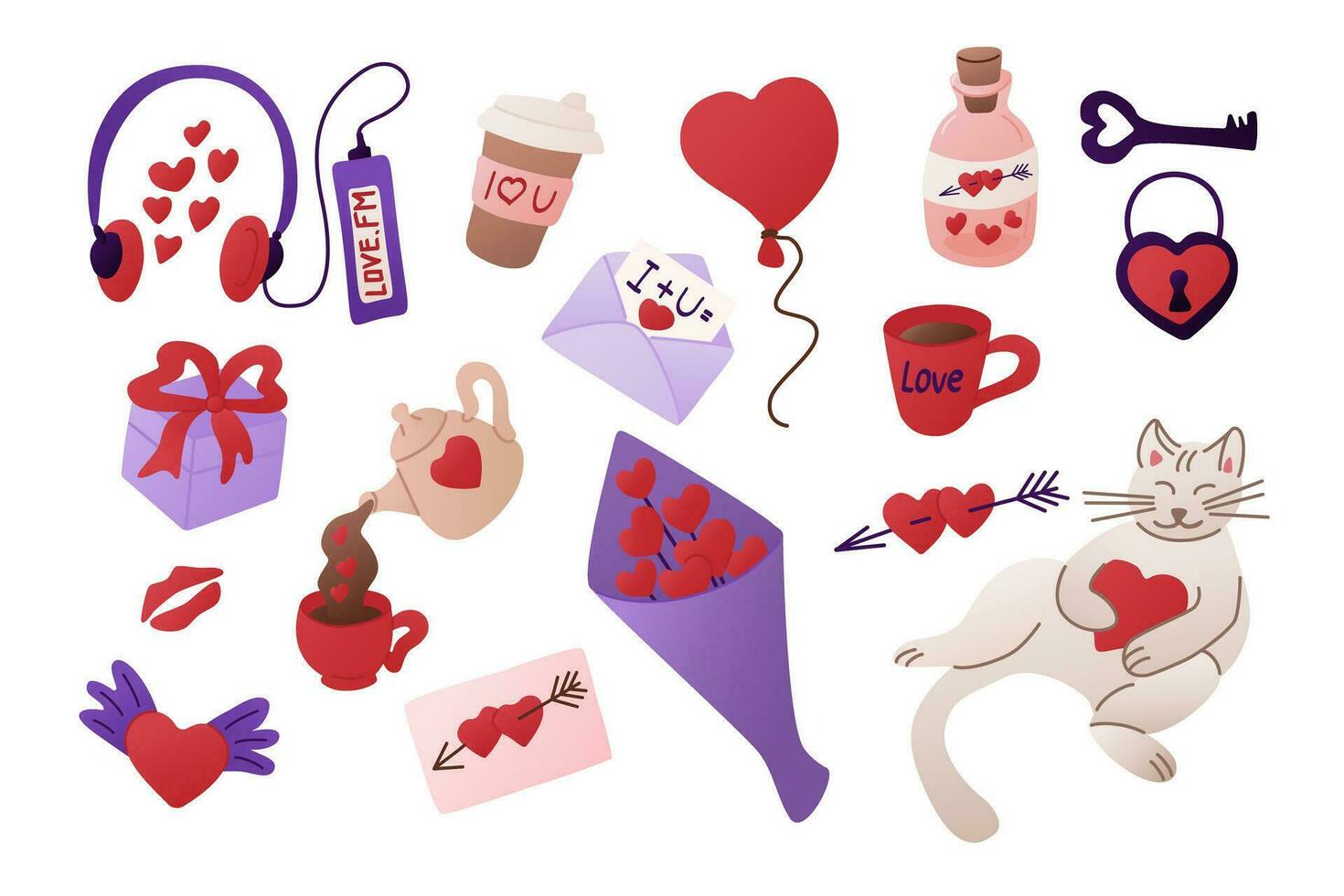 Big romantic set of elements for Valentines day. Vector isolated items related to St Valentines day on white background. Kitten with heart, bunch of hearts, gift box. Good for stickers