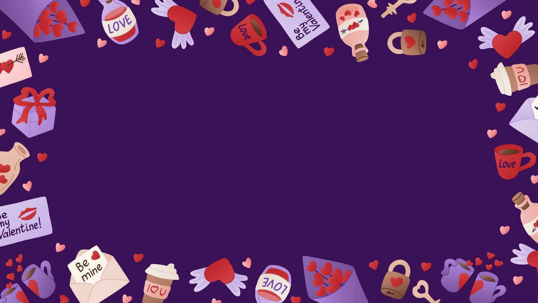 Valentines horizontal background or banner. Dark theme. Frame template or design print with romantic itemss on dark background. Good for banner, background, social media graphics vector
