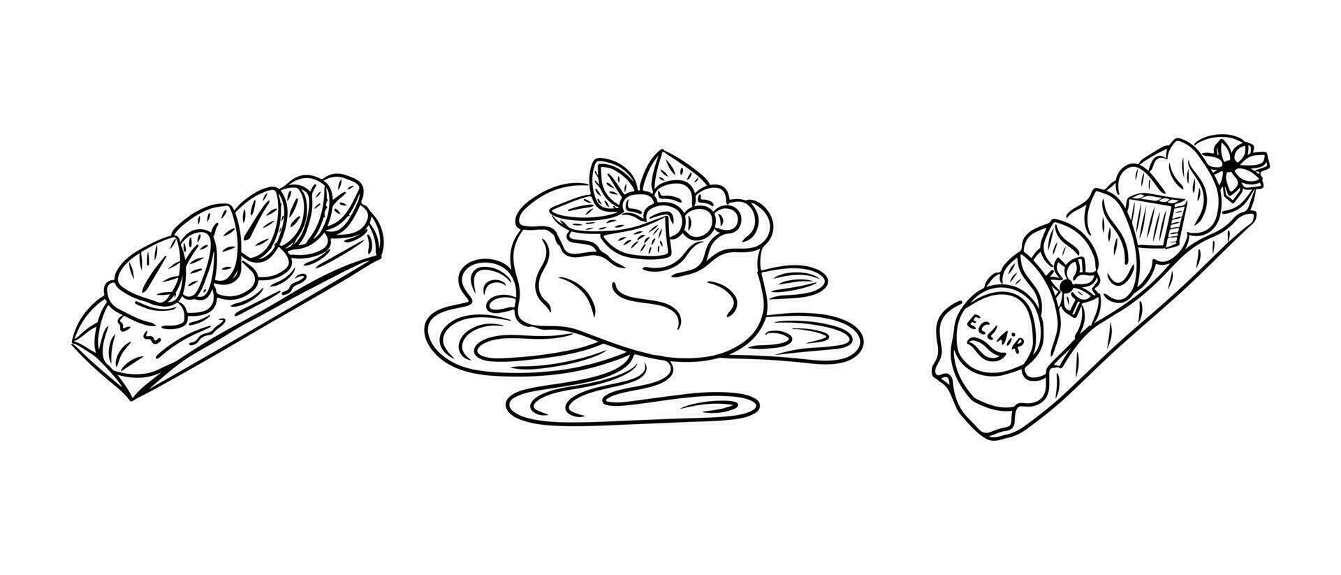 Dessert doodle set. Hand drawn isolated doodles. Sketchy black outline sweet food, eclairs and meringue with strawberry on white background. Ideal for coloring pages, tattoo, pattern vector