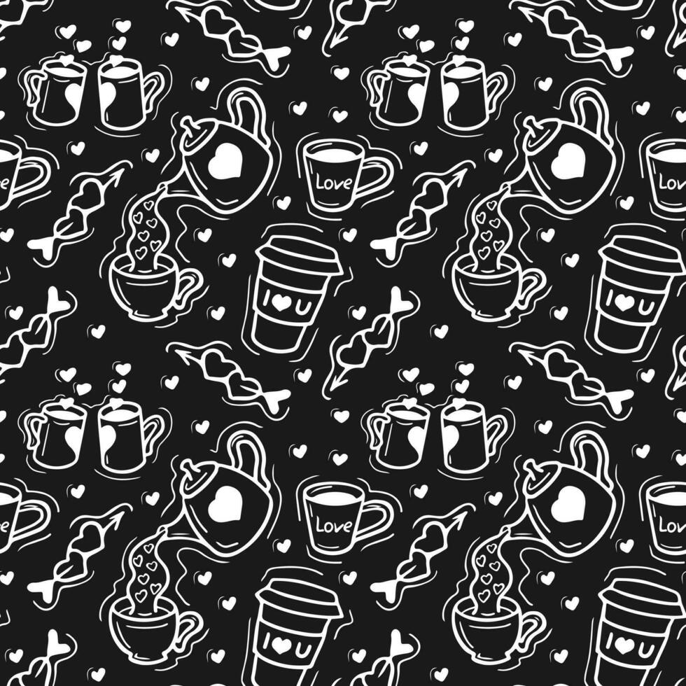 Valentines cups with drinks seamless pattern. Vector isolated white elements on black background. Trendy print design for textile, wallpaper St Valentines day concept pattern