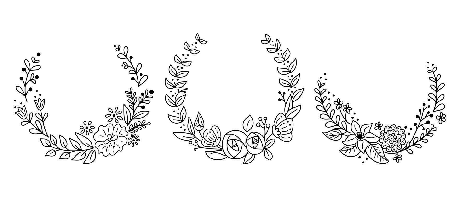 Romantic set of floral doodle wreaths or frames. Vector contour sketchy templates. Black outlines elements with flowers and leaves for for wedding, anniversary card, invitation on white background
