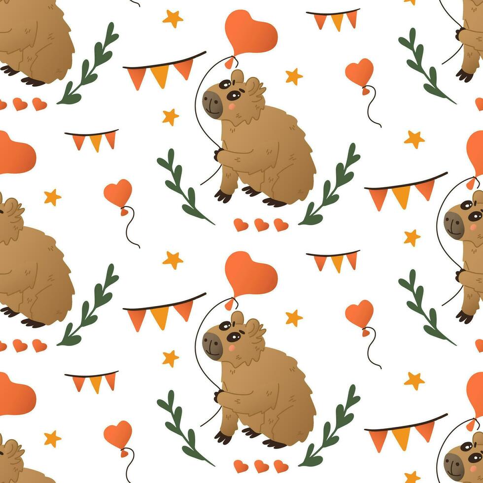 Valentines pattern with capybara with balloon. Cute flat animal cartoon characters with flags, floral branches, stars. St Valentines day or happy birthday concept pattern on white background vector