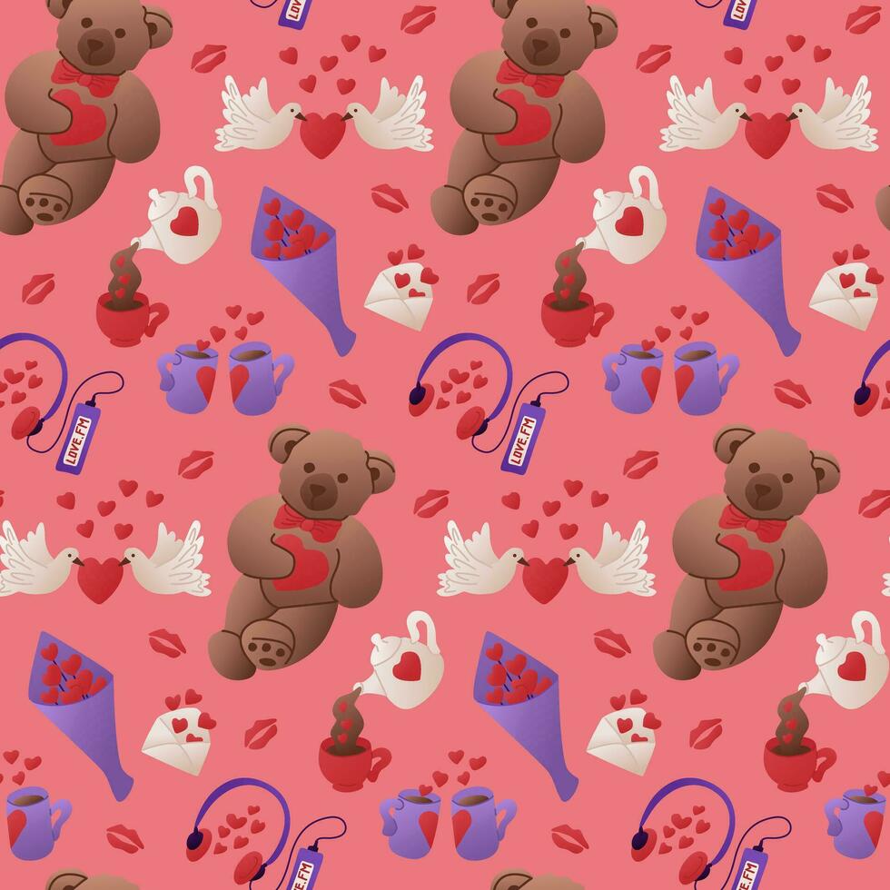 Cozy thing to Valentines day seamless pattern. Items related to romantic holiday. Trendy print design for textile, wallpaper, wrapping. St Valentines day concept pattern vector