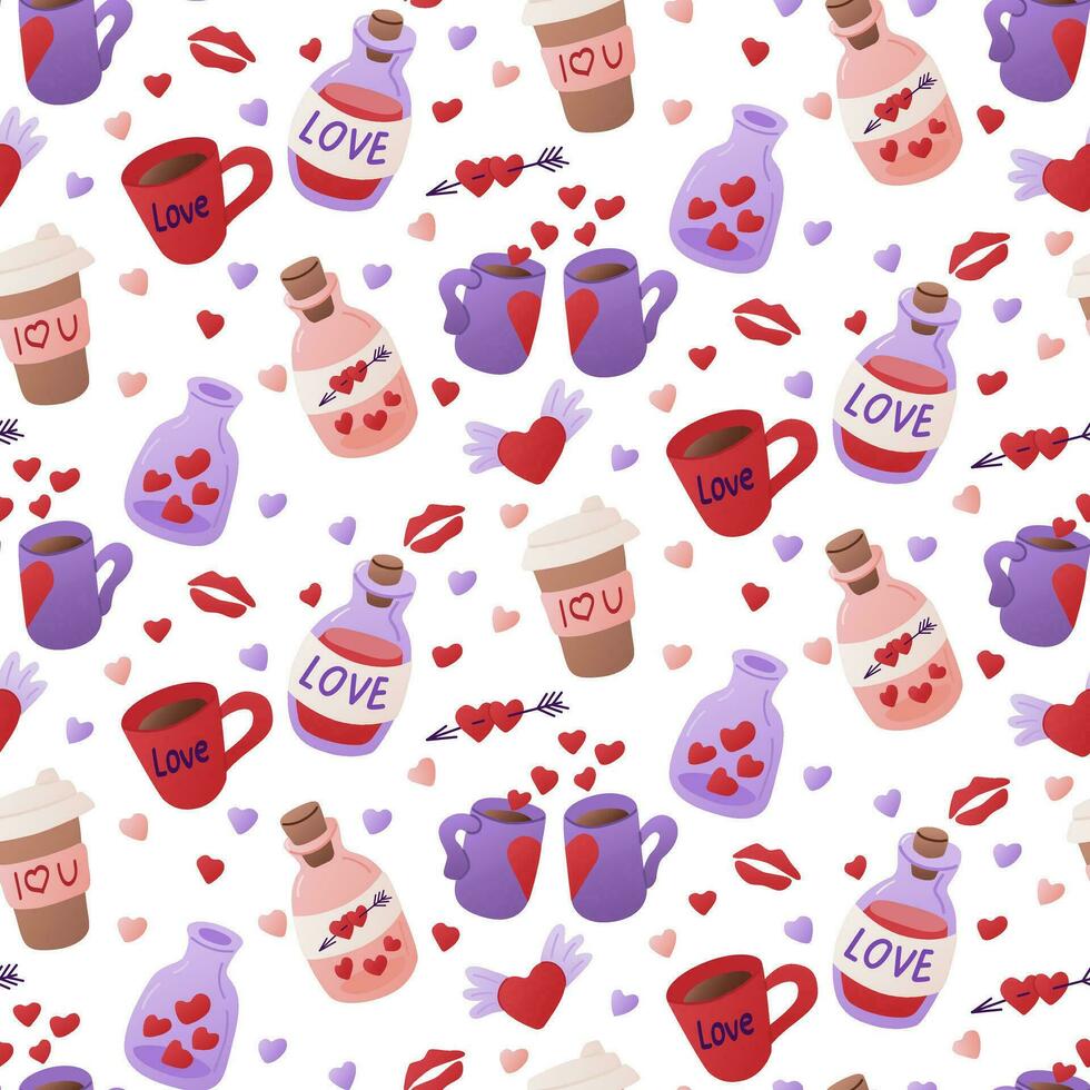 Flat cute Valentines elements seamless pattern. St Valentines day concept pattern on white background. Items related to romantic holiday. Trendy print design for textile, wallpaper, wrapping vector