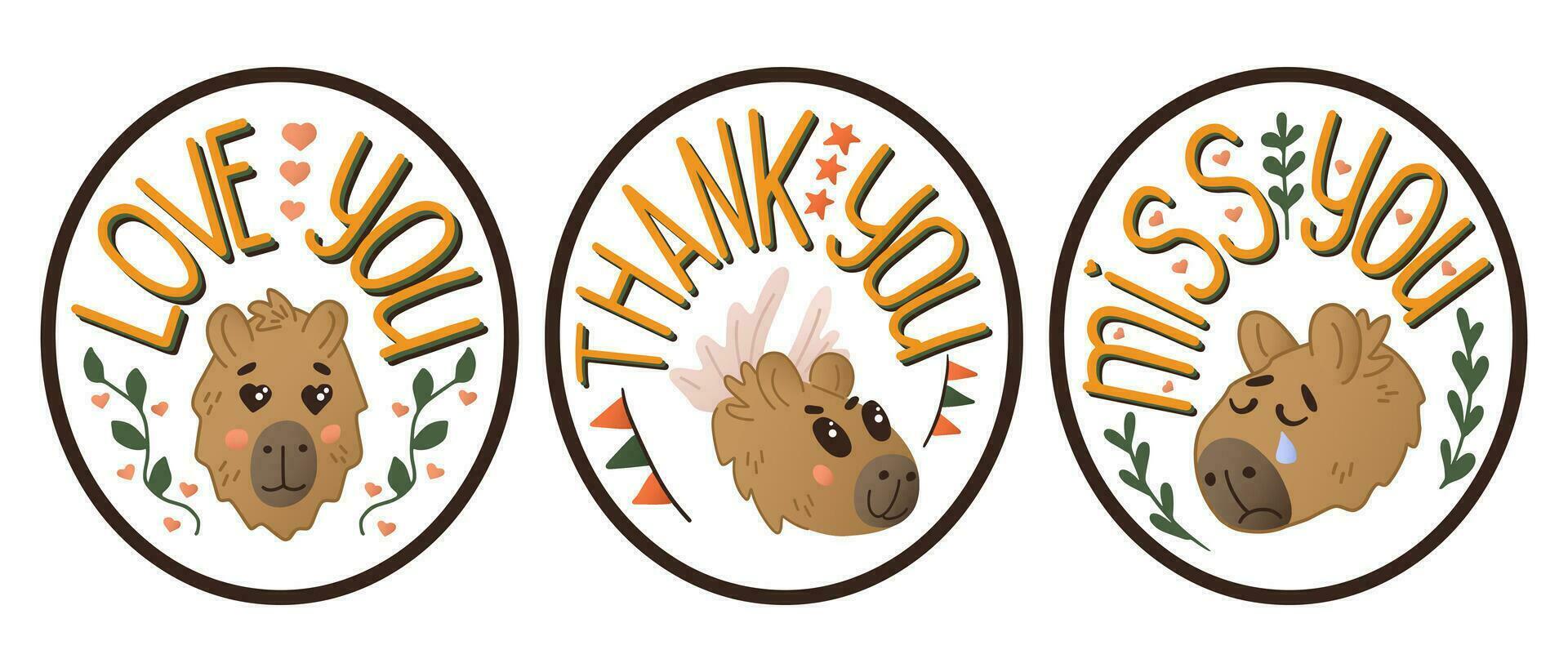Set of colored hand drawn capybaras head with text. Valentines day concept printout. Cute flat animal character with hearts. Isolated colored illustration on white background. Good for poster vector