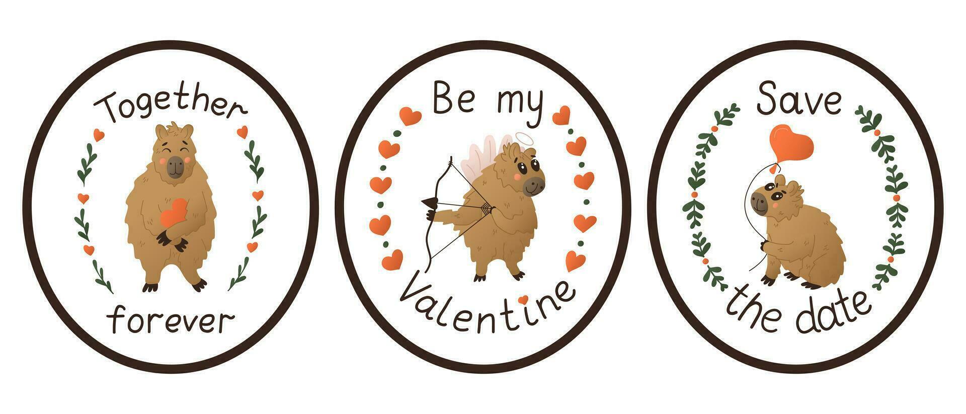 conjunto de plano de colores capibaras pegatinas con escritura texto. S t san valentin día tipográfico concepto. linda animal caracteres con floral marcos aislado pegatina con amor letras en blanco antecedentes vector