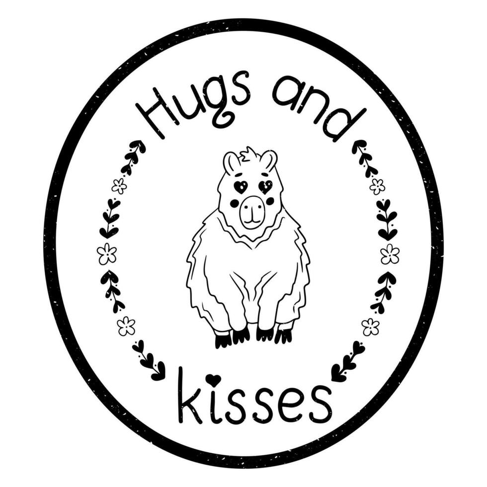 Grunge typographic sticker with happy capybara. Flat animal character in love and Valentines lettering Hugs and kisses. Isolated composition with scratches on white background vector