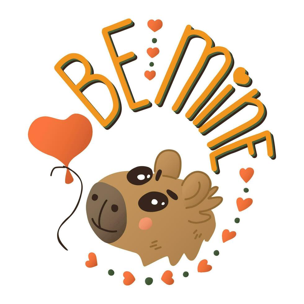 Capybara with balloon typographic oval composition. Valentines day concept printout. Cute flat animal character with hearts. Isolated colored illustration on white background. Good for poster vector