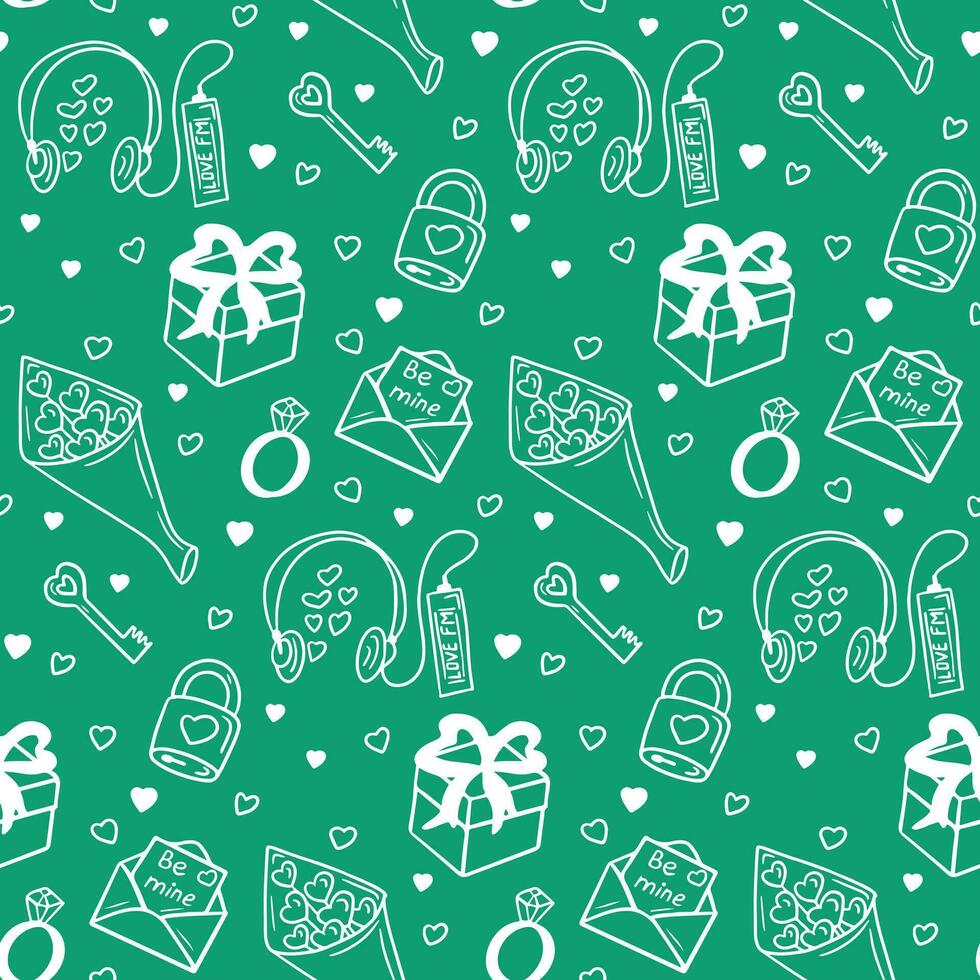 Seamless pattern with outline Valentines gifts. Items related to romantic holiday. Vector isolated white elements on green background. St Valentines day concept trendy pattern for textile, wallpaper