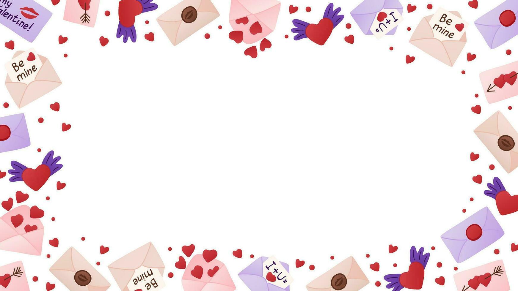 Horizontal background for Valentines day holiday. Frame template or design print with love letters, envelopes, hearts on white background. Good for banner, background, social media graphics vector