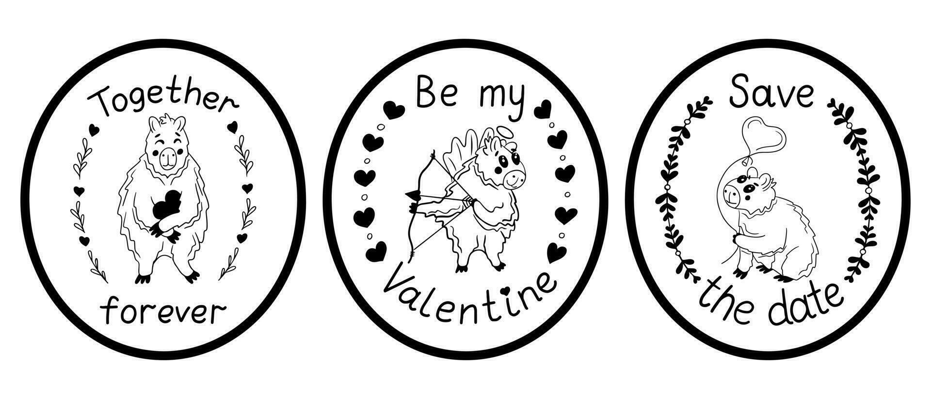 Set of contour typographic stickers with capybara. Flat animal character in love and Valentines lettering with floral frames. Isolated compositions on white background vector