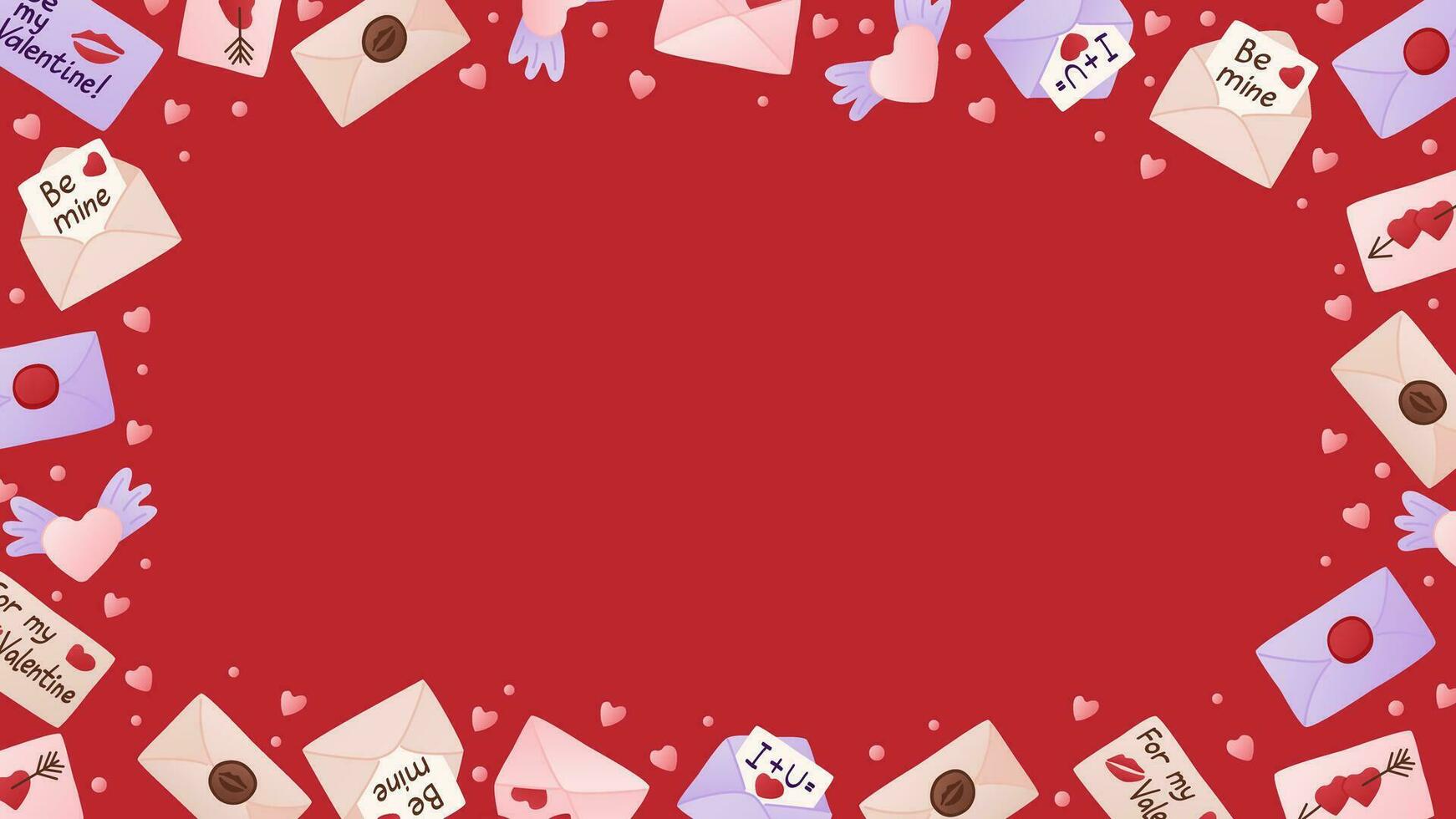 Horizontal Valentines day celebrating background. Frame template design print with love letters, envelopes, hearts on red background. Good for banner, background, social media graphics vector