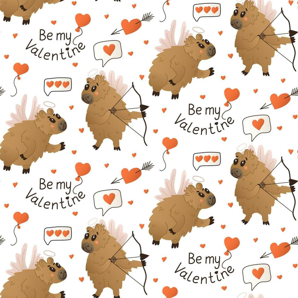 Valentines seamless pattern with capybara as angel. St Valentines day concept. Cute flat animal cartoon characters with nimbus, bow and arrow. St Valentines day concept pattern on white background vector
