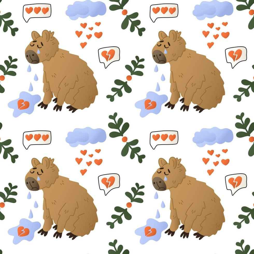 Sad Valentines capybara with tears seamless pattern. Cute flat animal cartoon characters with hearts, cloud, branches. St Valentines day concept pattern on white background vector