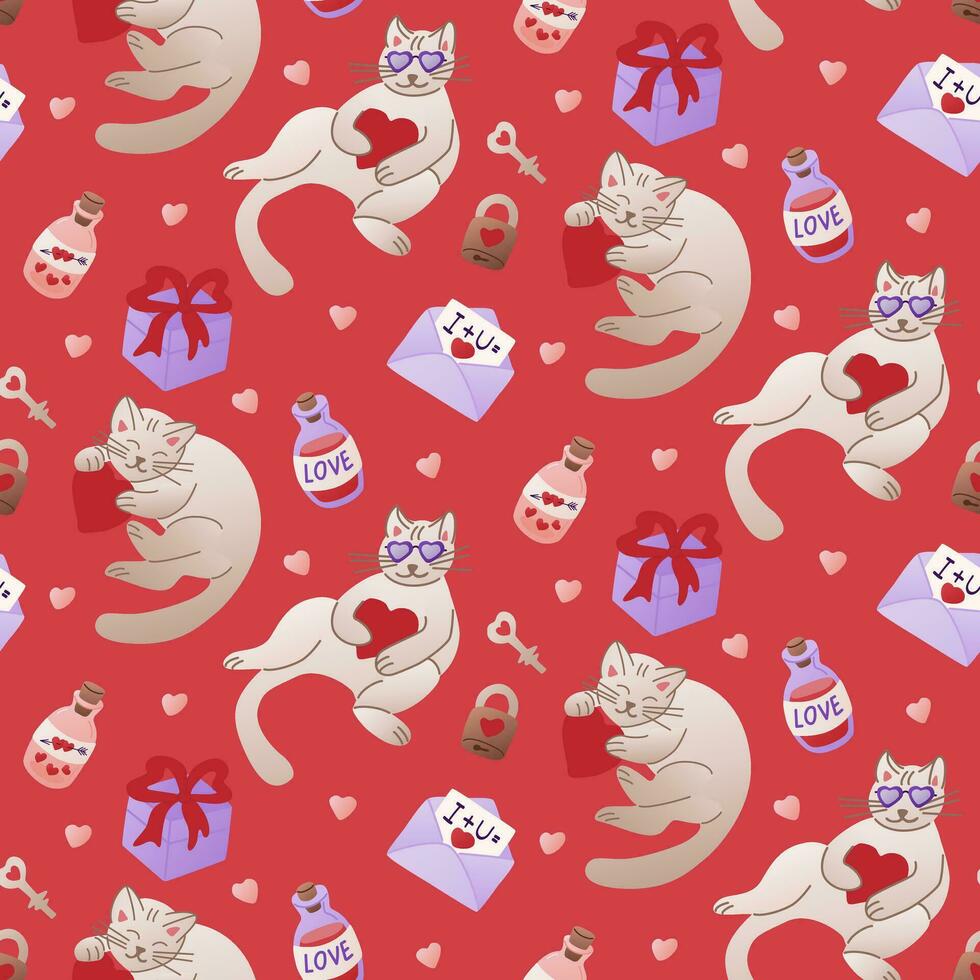 Funny Valentines cat with hearts seamless pattern. Items related to romantic holiday. Trendy print design for textile, wallpaper, wrapping. St Valentines day concept pattern vector