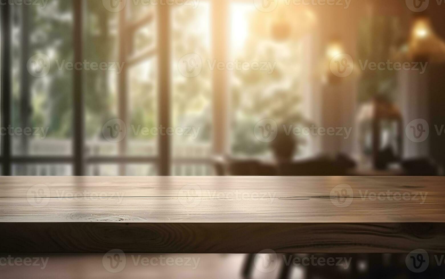 AI generated Empty wooden table in front of blurred and abstract window background photo