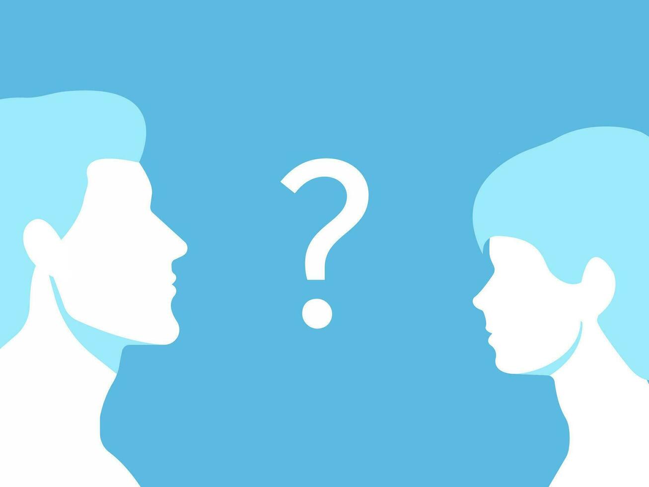 Profile portrait of a man and a boy looking at each other. Question mark in between. Dad and son. Family problem moment, single parent different generations issues. Blue backdrop. vector